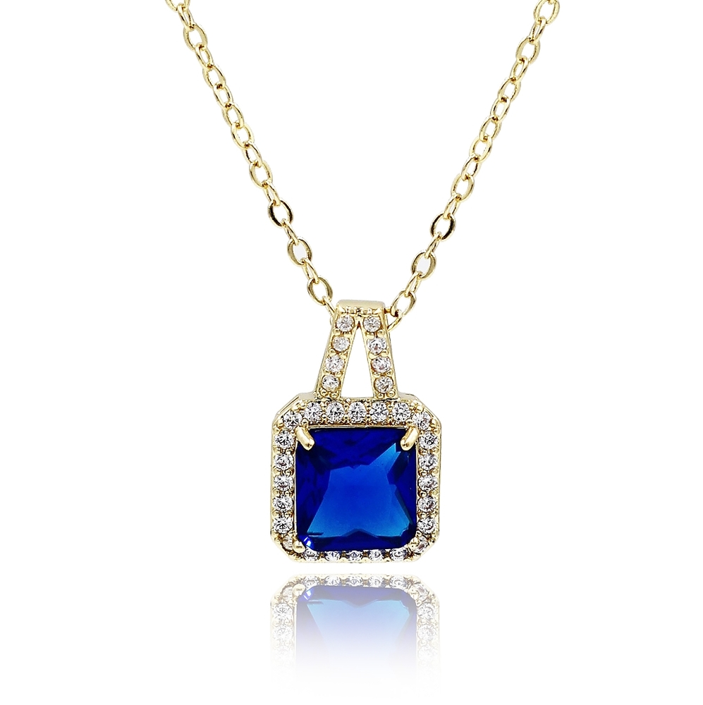 Gold blue elegant square crystal pendant gold necklace